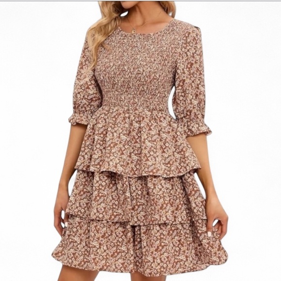 Dresses & Skirts - Floral Print Mini Dress Puff 1/2 Sleeves Flowy 3 Layer Ruffles Sz Large